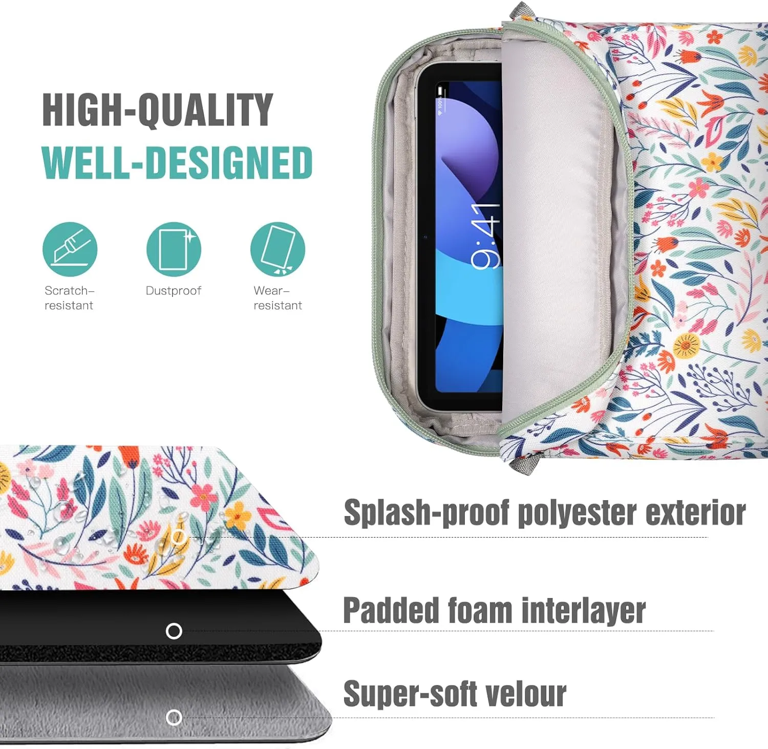 TiMOVO 9-11 Inch Tablet Sleeve Bag with Shoulder Strap for iPad 11-inch A16 2025, iPad 10th Gen. 10.9", iPad 9th/8th/7th Gen. 10.2", iPad Air 11/5th/4th Gen. 10.9", Galaxy Tab A9 Plus 11", Flowers