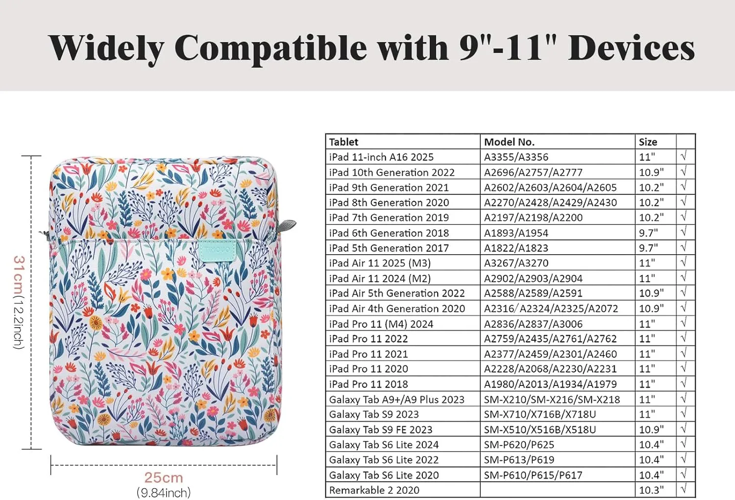 TiMOVO 9-11 Inch Tablet Sleeve Bag with Shoulder Strap for iPad 11-inch A16 2025, iPad 10th Gen. 10.9", iPad 9th/8th/7th Gen. 10.2", iPad Air 11/5th/4th Gen. 10.9", Galaxy Tab A9 Plus 11", Flowers