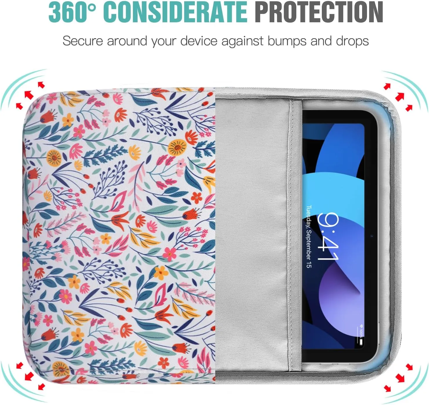TiMOVO 9-11 Inch Tablet Sleeve Bag with Shoulder Strap for iPad 11-inch A16 2025, iPad 10th Gen. 10.9", iPad 9th/8th/7th Gen. 10.2", iPad Air 11/5th/4th Gen. 10.9", Galaxy Tab A9 Plus 11", Flowers