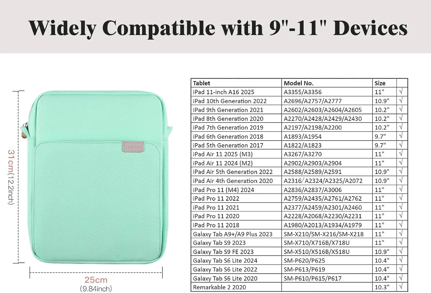 TiMOVO 9-11 Inch Tablet Sleeve Bag with Shoulder Strap for iPad 11-inch A16 2025, iPad 10th Gen. 10.9", iPad 9th/8th/7th Gen. 10.2", iPad Air 11/5th/4th Gen. 10.9", Galaxy Tab A9 Plus 11", Mint Green