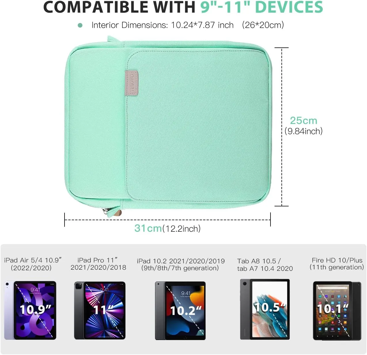 TiMOVO 9-11 Inch Tablet Sleeve Bag with Shoulder Strap for iPad 11-inch A16 2025, iPad 10th Gen. 10.9", iPad 9th/8th/7th Gen. 10.2", iPad Air 11/5th/4th Gen. 10.9", Galaxy Tab A9 Plus 11", Mint Green