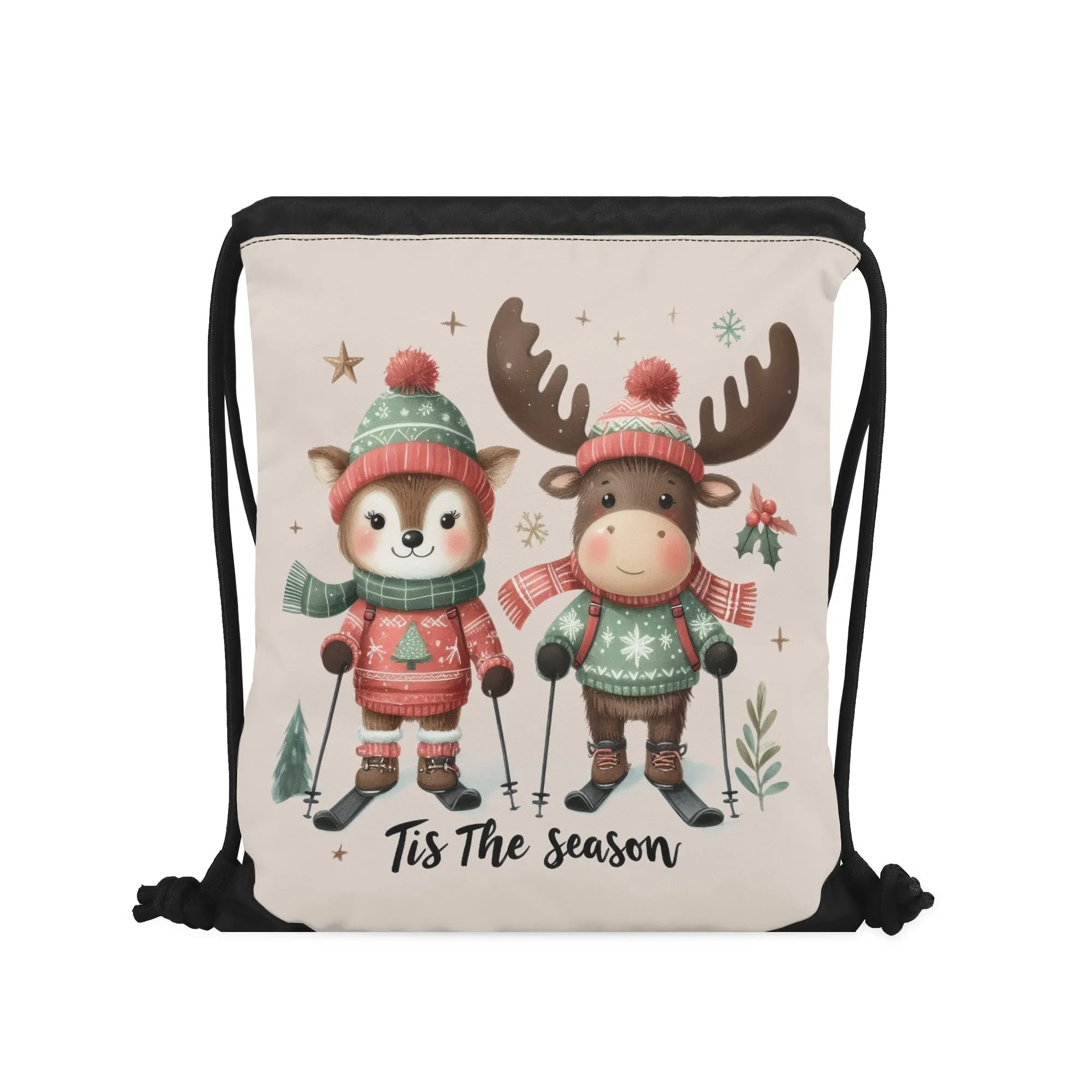 Tis The Season to SKI! - Single-Sided Print Christmas Drawstring Tote Bag