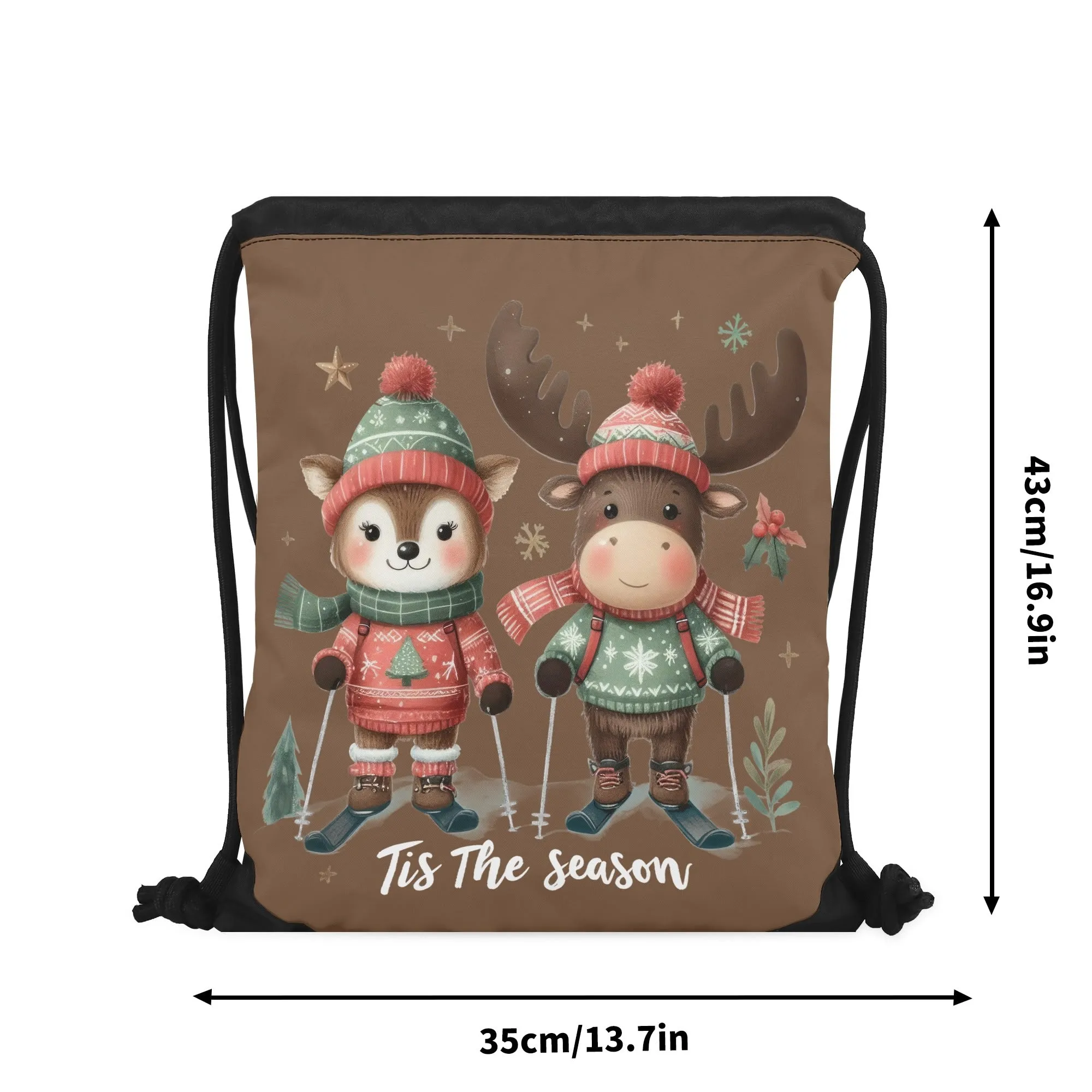 Tis The Season to SKI! - Single-Sided Print Christmas Drawstring Tote Bag