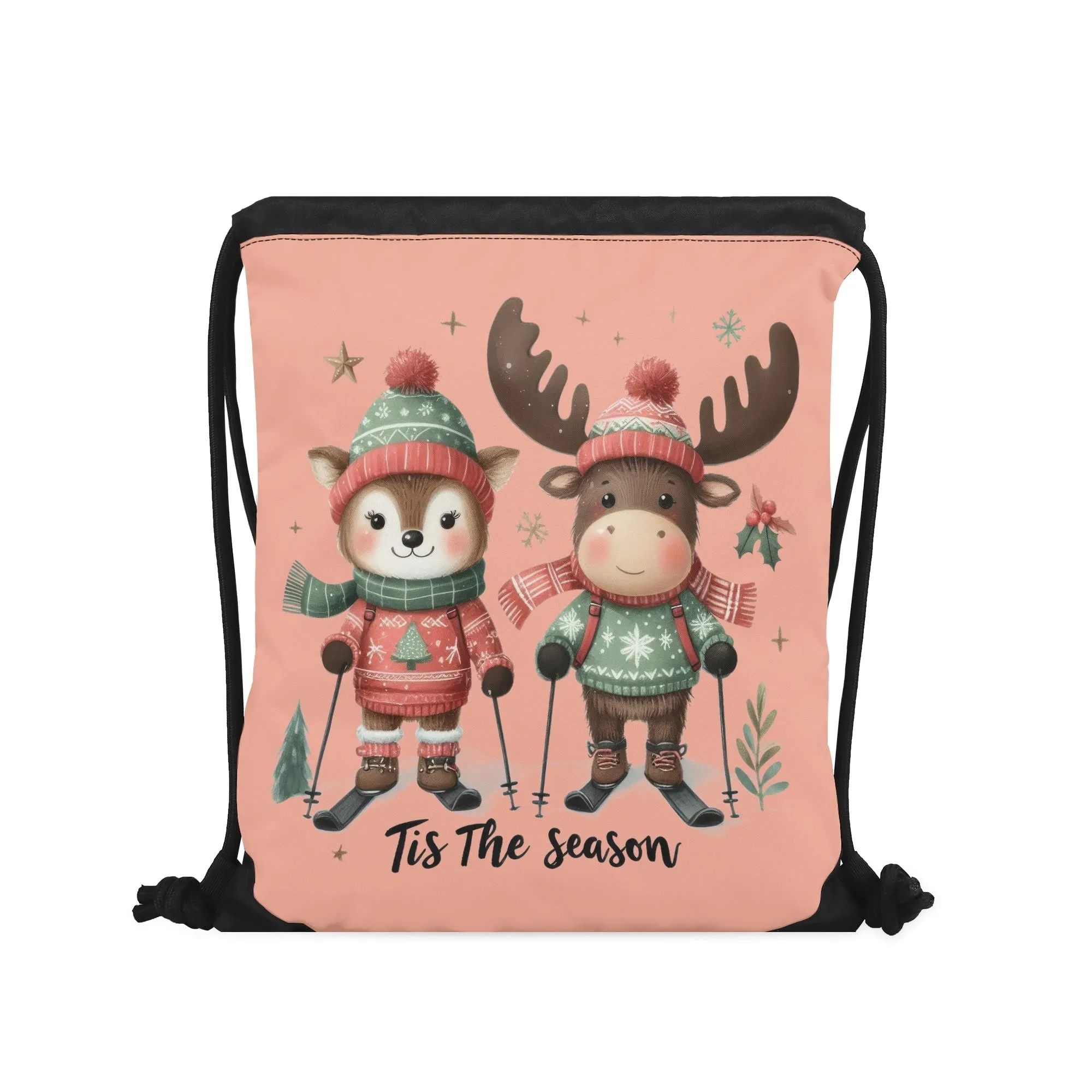 Tis The Season to SKI! - Single-Sided Print Christmas Drawstring Tote Bag
