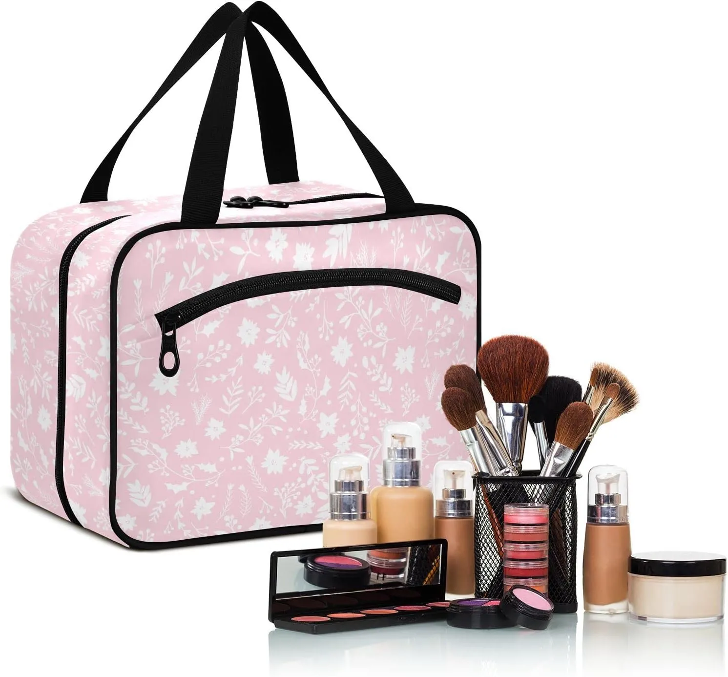 Toiletry Bag for Travel, Christmas Winter Floral Makeup Bag Large Cosmetic Bag Organizer with Hanging Hook for Women Men