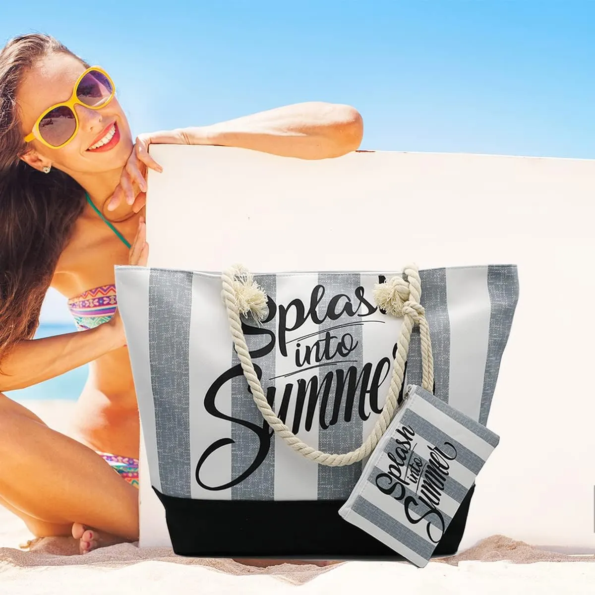 Tote Bag for Women Canvas Beach Tote Bag With Zipper Large Shoulder Bag Top Handle Handbag for Travel Work Gym