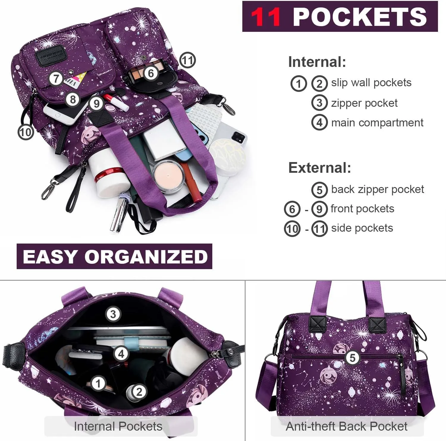 Tote Bag for Women,Multi Pockets Shoulder Handbag,Nurse Bag for Work,Large Cross body Purse,Fashion Nylon Top Handle Satchel