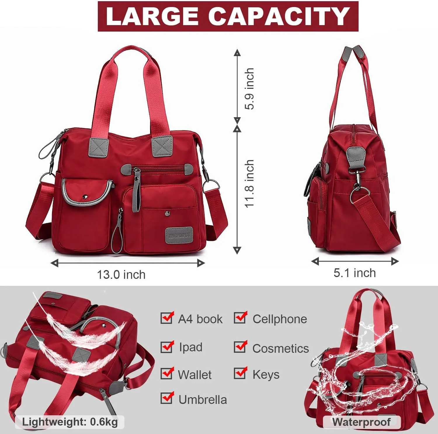 Tote Bag for Women,Multi Pockets Shoulder Handbag,Nurse Bag for Work,Large Cross body Purse,Fashion Nylon Top Handle Satchel