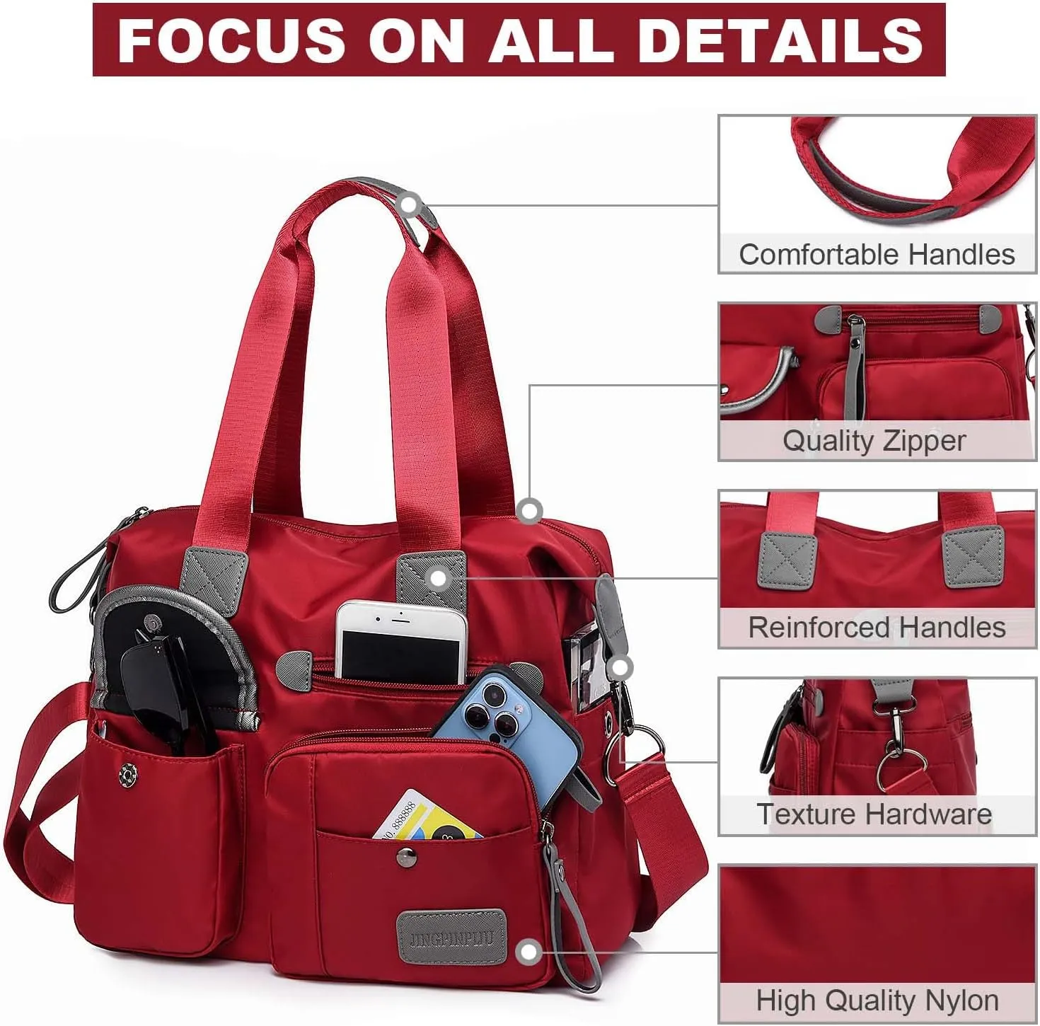 Tote Bag for Women,Multi Pockets Shoulder Handbag,Nurse Bag for Work,Large Cross body Purse,Fashion Nylon Top Handle Satchel