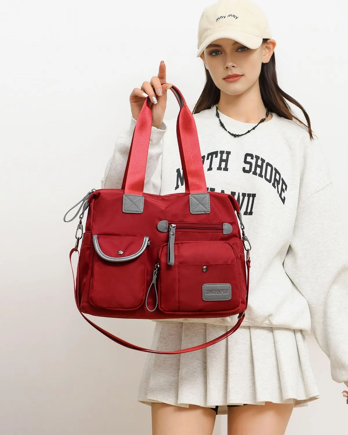 Tote Bag for Women,Multi Pockets Shoulder Handbag,Nurse Bag for Work,Large Cross body Purse,Fashion Nylon Top Handle Satchel
