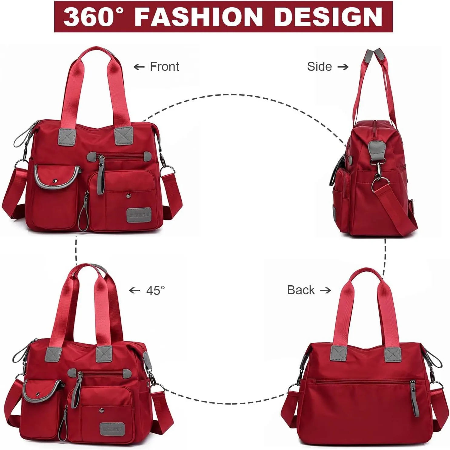Tote Bag for Women,Multi Pockets Shoulder Handbag,Nurse Bag for Work,Large Cross body Purse,Fashion Nylon Top Handle Satchel