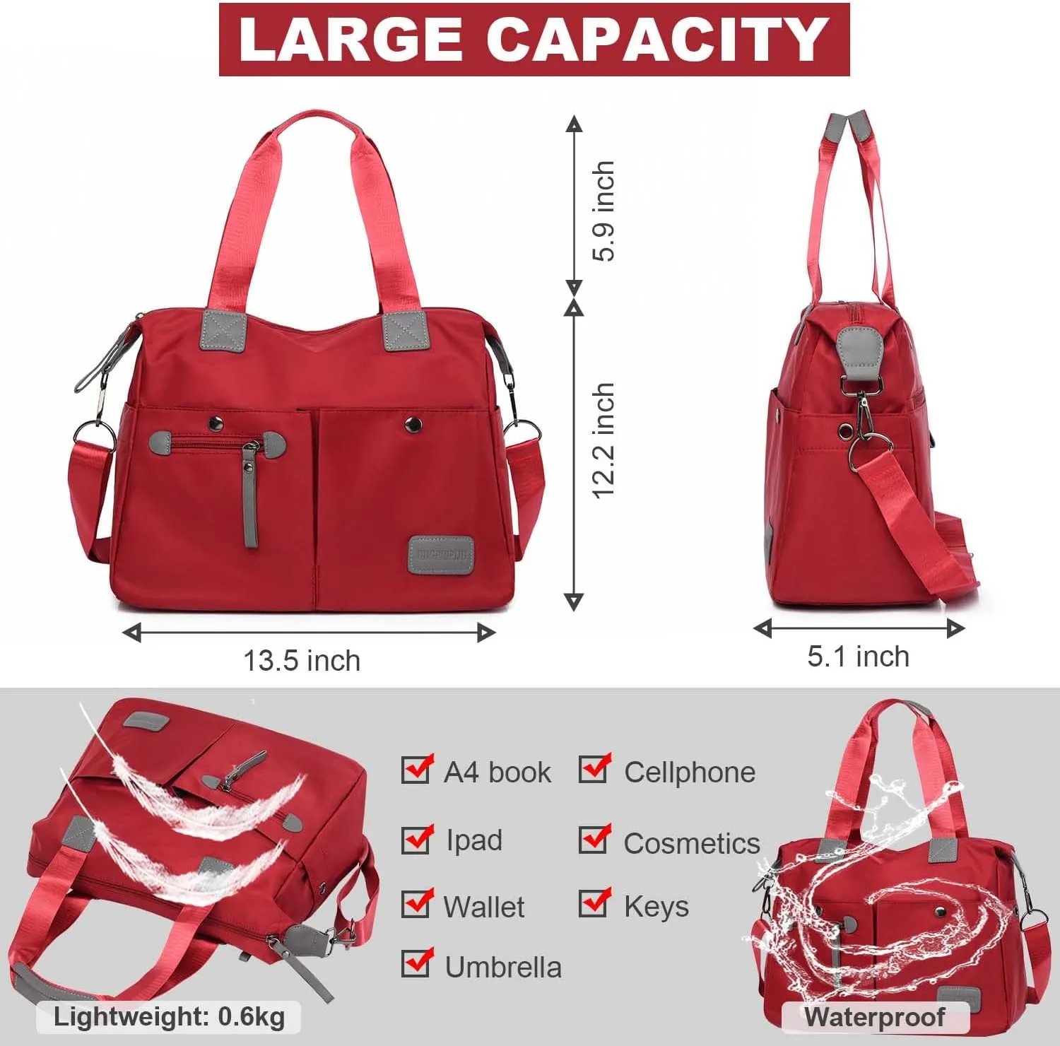 Tote Bag for Women,Multi Pockets Shoulder Handbag,Nurse Bag for Work,Large Cross body Purse,Fashion Nylon Top Handle Satchel