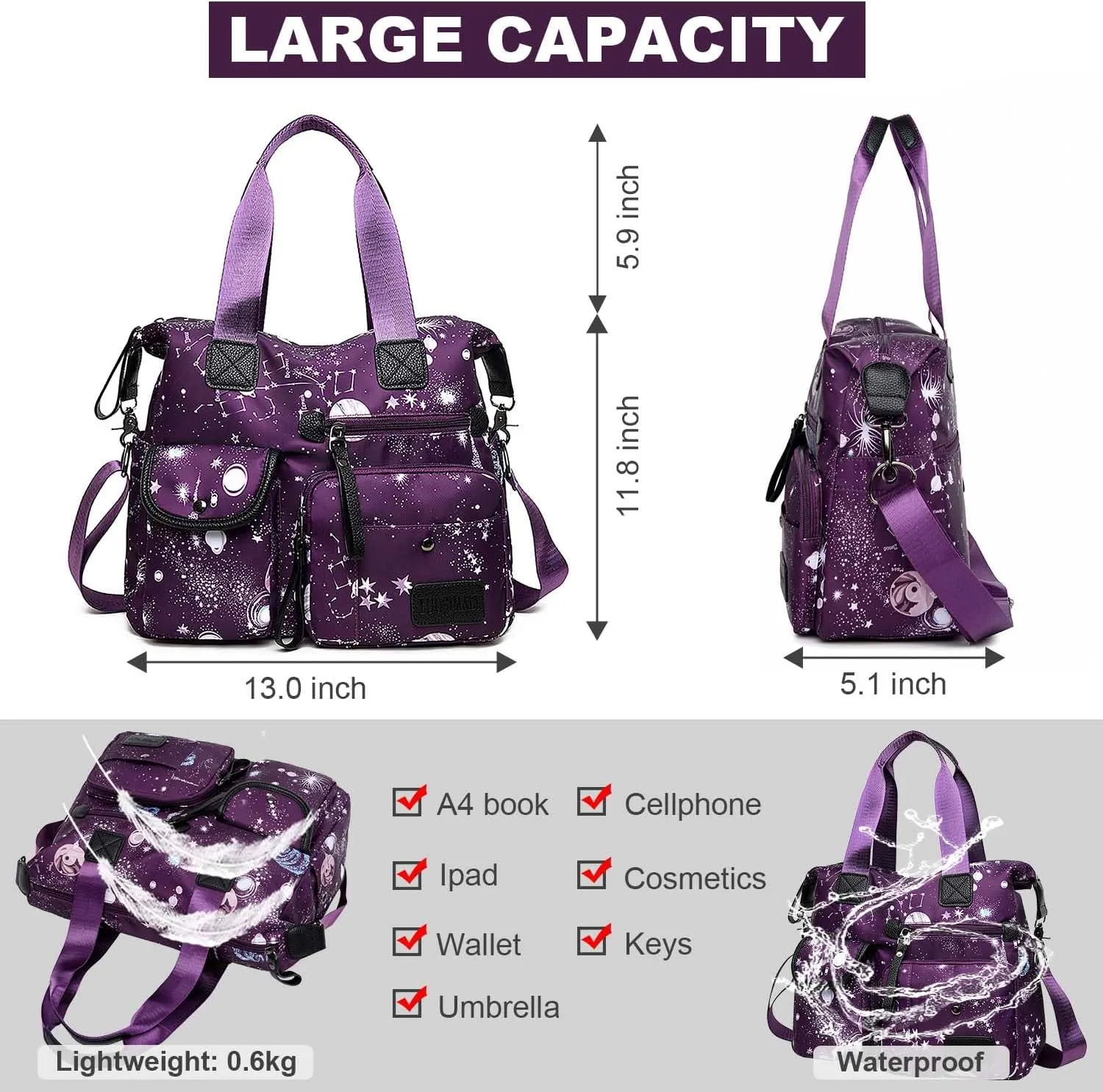 Tote Bag for Women,Multi Pockets Shoulder Handbag,Nurse Bag for Work,Large Cross body Purse,Fashion Nylon Top Handle Satchel