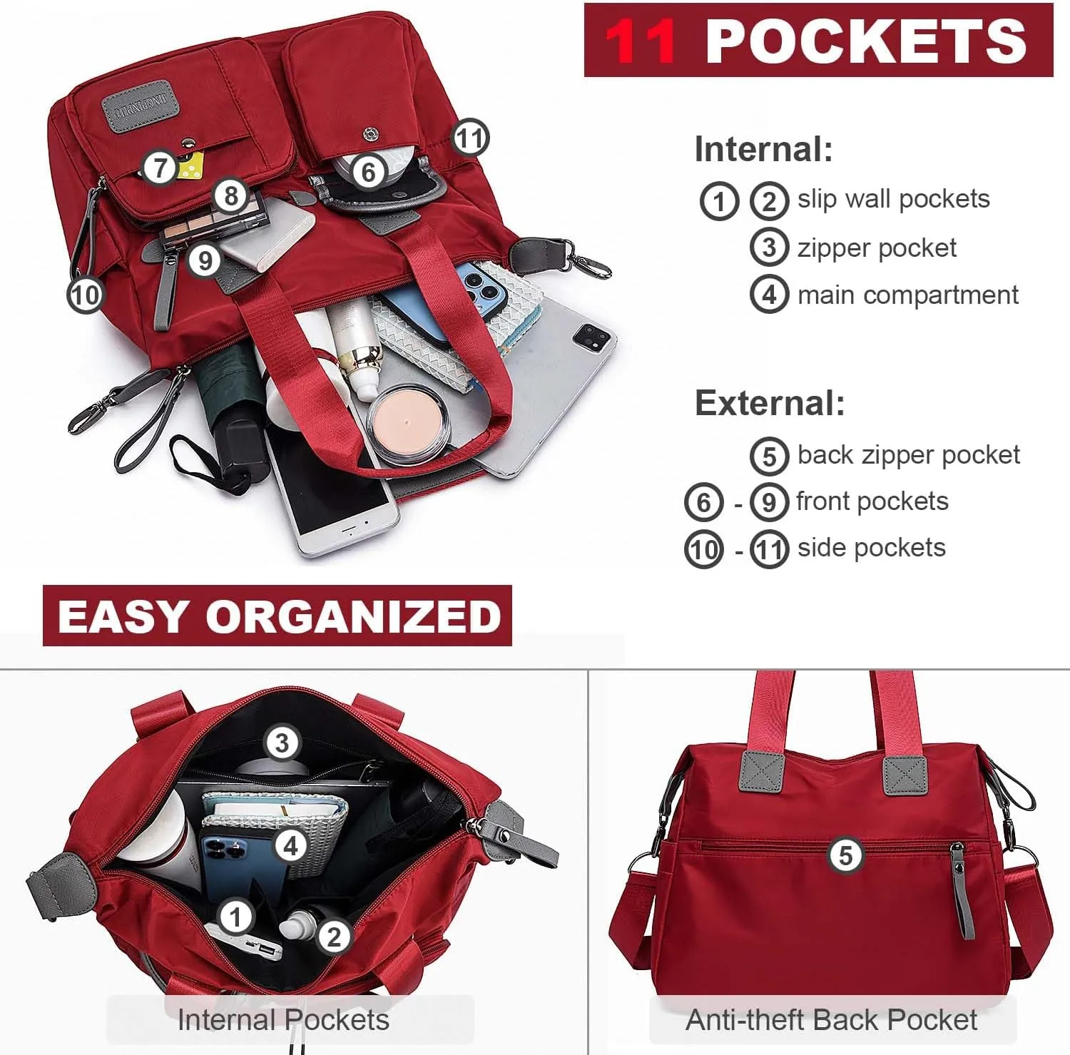 Tote Bag for Women,Multi Pockets Shoulder Handbag,Nurse Bag for Work,Large Cross body Purse,Fashion Nylon Top Handle Satchel