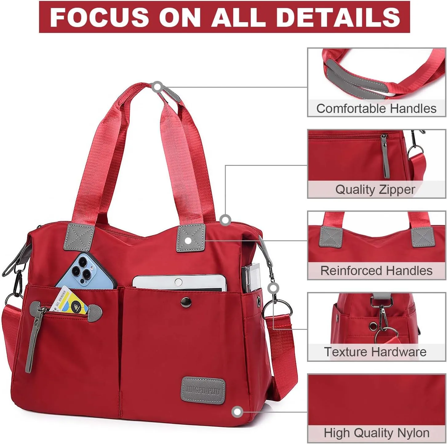 Tote Bag for Women,Multi Pockets Shoulder Handbag,Nurse Bag for Work,Large Cross body Purse,Fashion Nylon Top Handle Satchel
