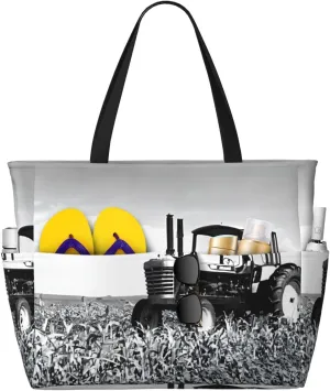 (Tractor Agriculture Tranquil) Large Beach Tote Bag For Women With Zipper Foldable Lightweight Travel Pool Bag For Vacation Shopping