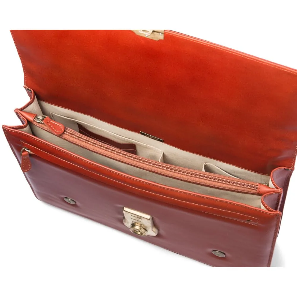 Traditional Leather Briefcase With Brass Lock - Light Tan