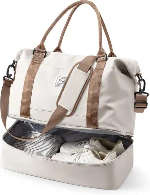 Travel Duffel Bag, 18x14x8 Inches Travel Bag Spirit with Shoes Compartment, Weekender Overnight Bag for Women with Trolley Sleeve, Carry On Bag for Airplanes Sport Tote Gym Bag BeigeBrown