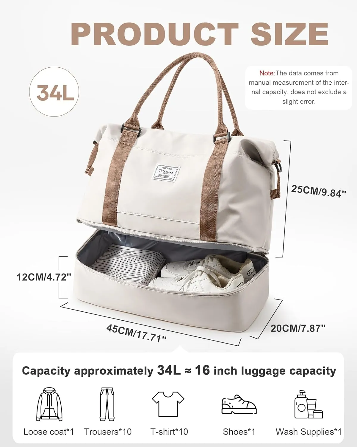 Travel Duffel Bag, 18x14x8 Inches Travel Bag Spirit with Shoes Compartment, Weekender Overnight Bag for Women with Trolley Sleeve, Carry On Bag for Airplanes Sport Tote Gym Bag BeigeBrown