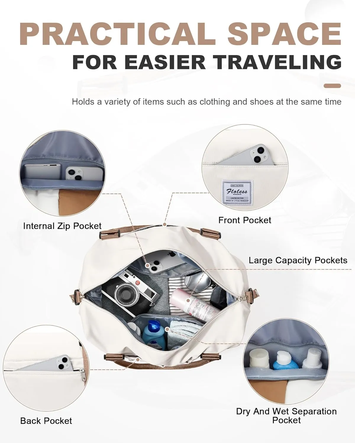 Travel Duffel Bag, 18x14x8 Inches Travel Bag Spirit with Shoes Compartment, Weekender Overnight Bag for Women with Trolley Sleeve, Carry On Bag for Airplanes Sport Tote Gym Bag BeigeBrown
