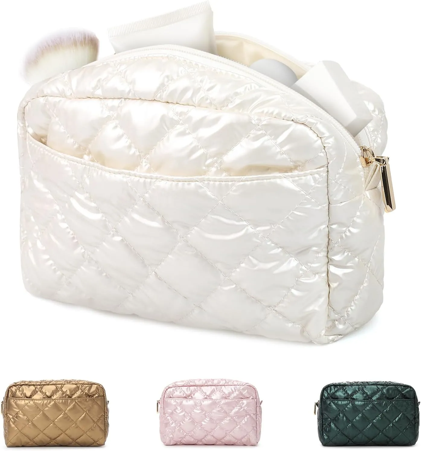 Travel Makeup Bag, Quilted Cosmetic Bag Large Capacity Makeup Travel Bag Waterproof Portable Cosmetic Bag Toiletry Bag for Women Daily Travel Use Gift (Off White)
