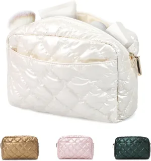 Travel Makeup Bag, Quilted Cosmetic Bag Large Capacity Makeup Travel Bag Waterproof Portable Cosmetic Bag Toiletry Bag for Women Daily Travel Use Gift (Off White)