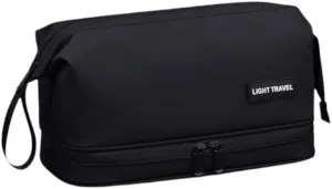 Travel Toiletry Bag for Men Women, Waterproof Travel Dopp Kit Organizer, Dual Compartment Portable Cosmetic Make Up Shaving Bag, Double Zipper Bag, Black