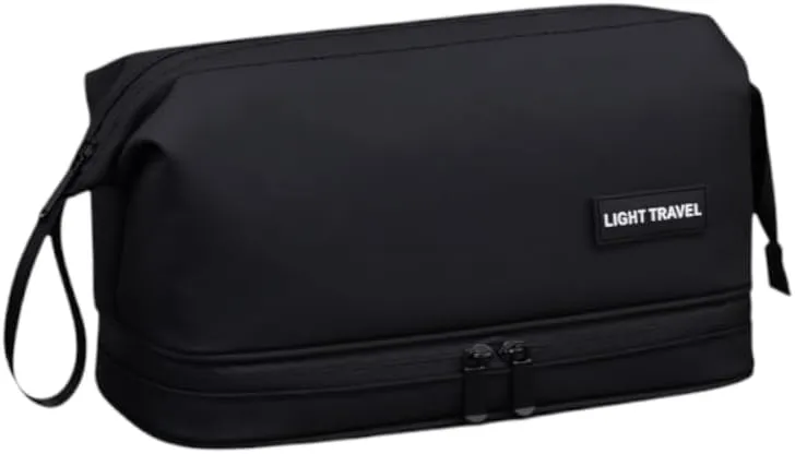 Travel Toiletry Bag for Men Women, Waterproof Travel Dopp Kit Organizer, Dual Compartment Portable Cosmetic Make Up Shaving Bag, Double Zipper Bag, Black