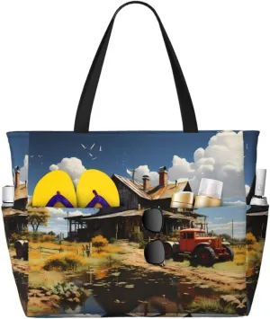 Tropical Rainforest Palm Leaves Spacious Large Capacity Beach Travel Bag - Foldable Beach Bag Tote Bag With Zipper