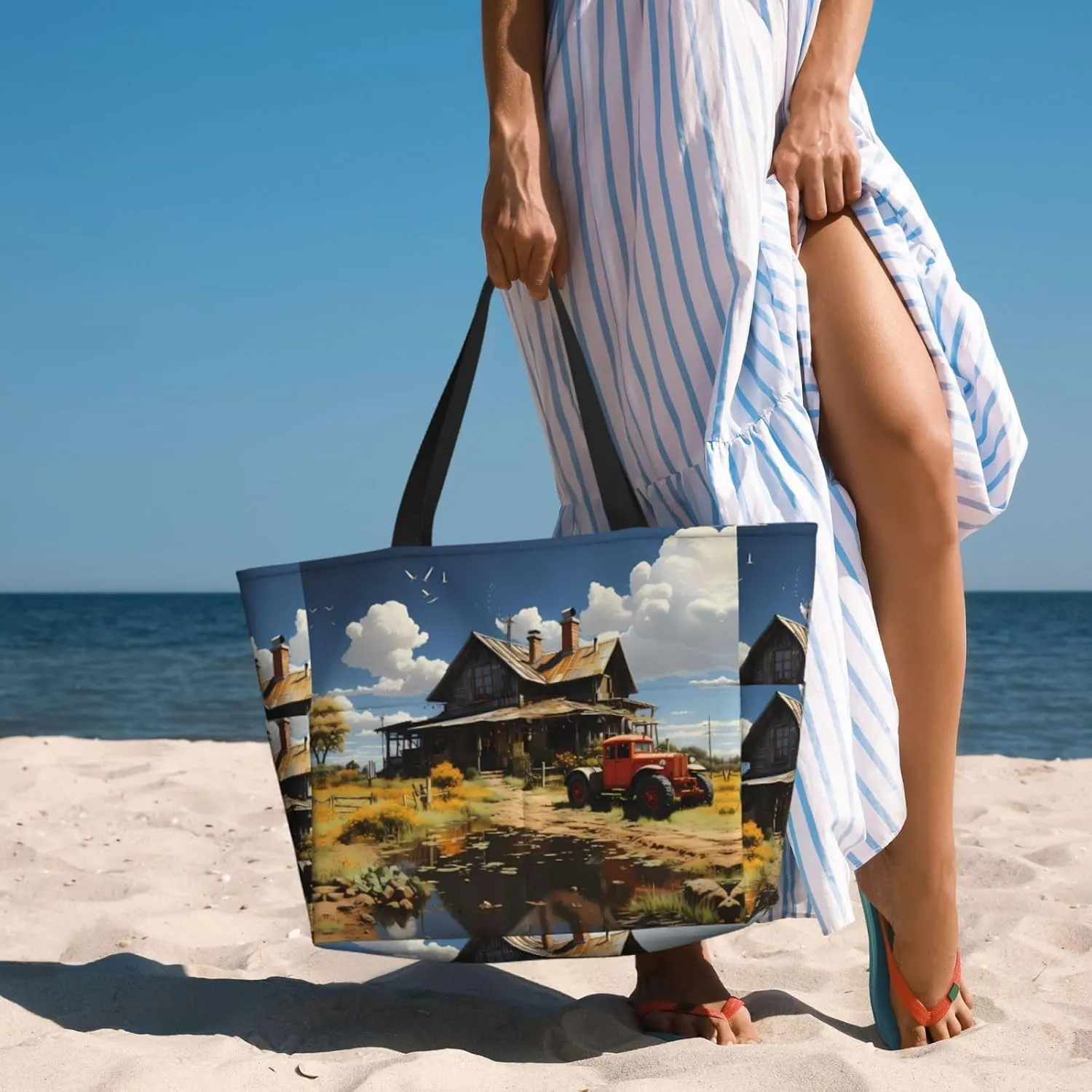 Tropical Rainforest Palm Leaves Spacious Large Capacity Beach Travel Bag - Foldable Beach Bag Tote Bag With Zipper