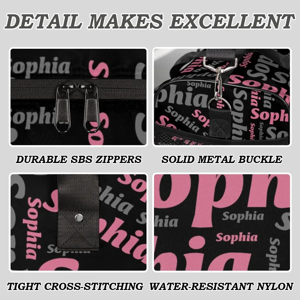 TropicalLife Personalized Duffel Bag Custom Name Sport Gym Bag Duffle Dance Bag Weekender Bags for Women Black Pink Gray