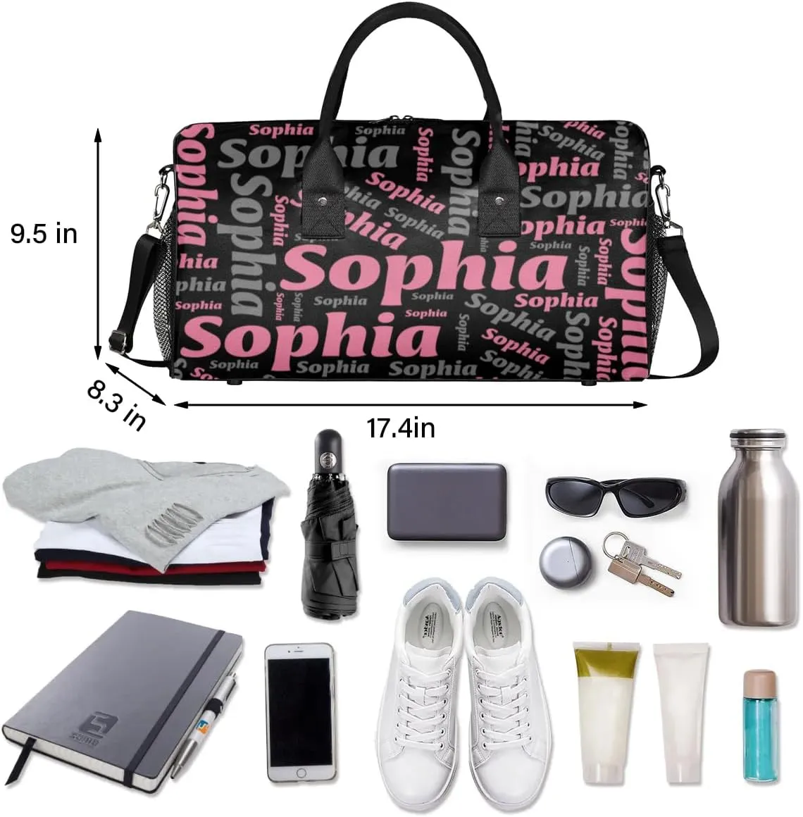 TropicalLife Personalized Duffel Bag Custom Name Sport Gym Bag Duffle Dance Bag Weekender Bags for Women Black Pink Gray