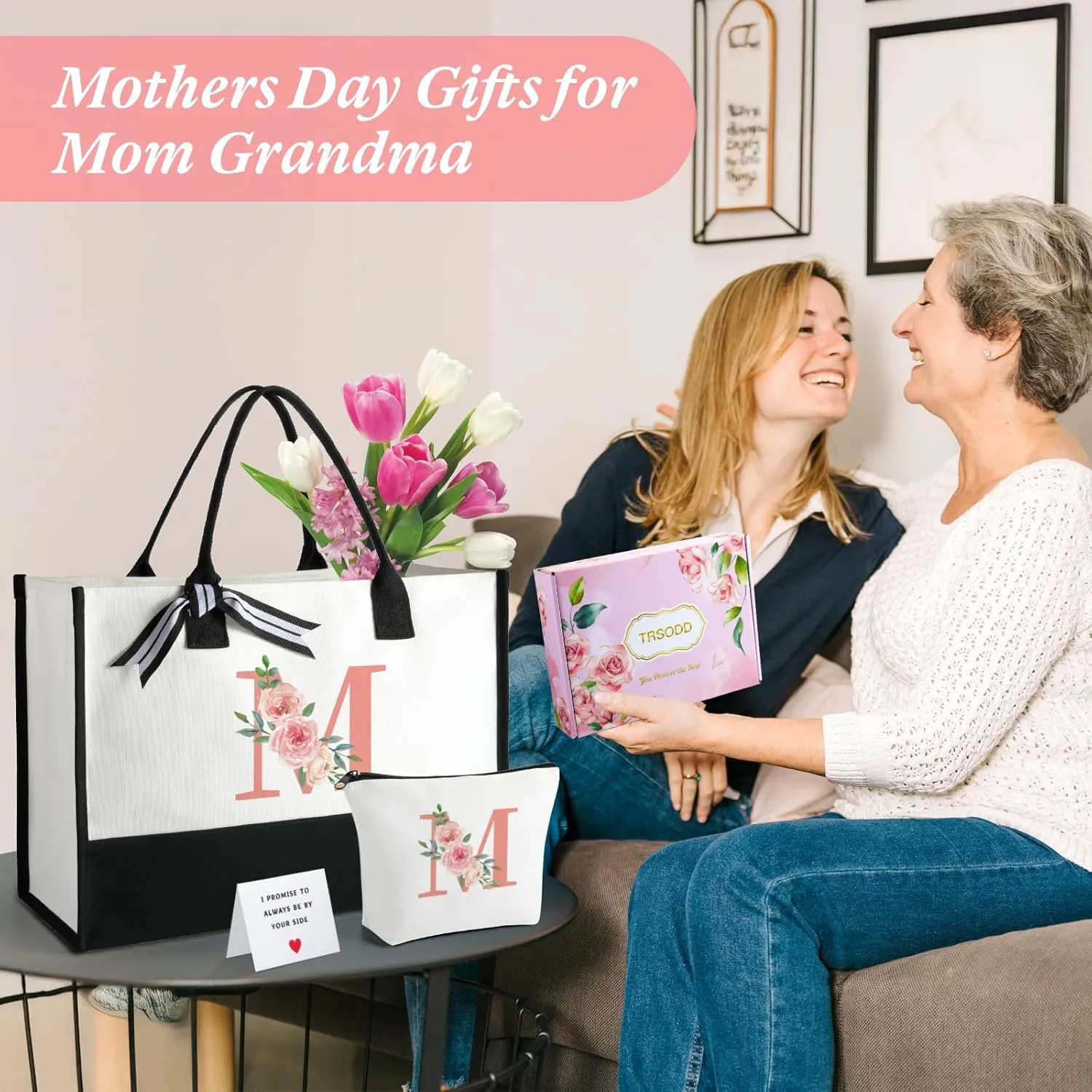 TRSODD Birthday Gifts for Women Mothers Day Gifts for Mom Wife Grandma Daughter Sister Friends Bridesmaid Teacher Appreciation Tote Bag and Makeup Bag