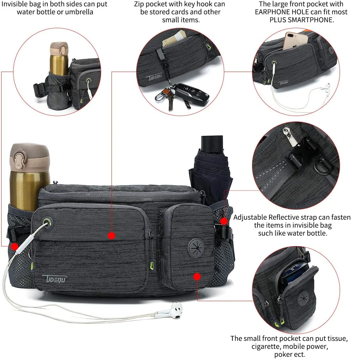 TUDEQU Waist Bag for Men, Mens Fanny Pack Crossbody, Large Fanny Pack for Men with Water Bottle Holders, Hiking Waist Pack