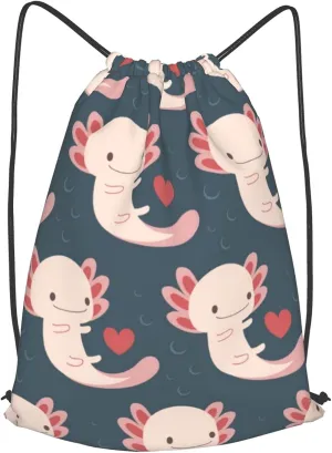 TumzfhQ Drawstring Backpack with Axolotls, Hearts and Bubbles - Adorable and Practical - Suitable for Women and Teenager Girls