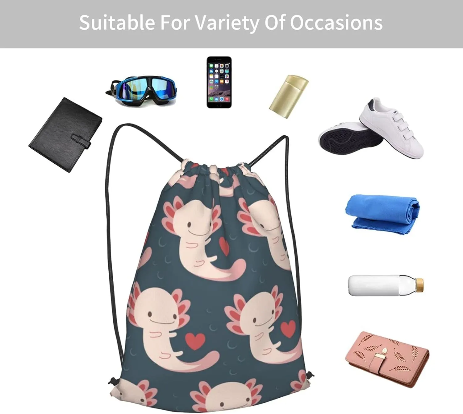 TumzfhQ Drawstring Backpack with Axolotls, Hearts and Bubbles - Adorable and Practical - Suitable for Women and Teenager Girls