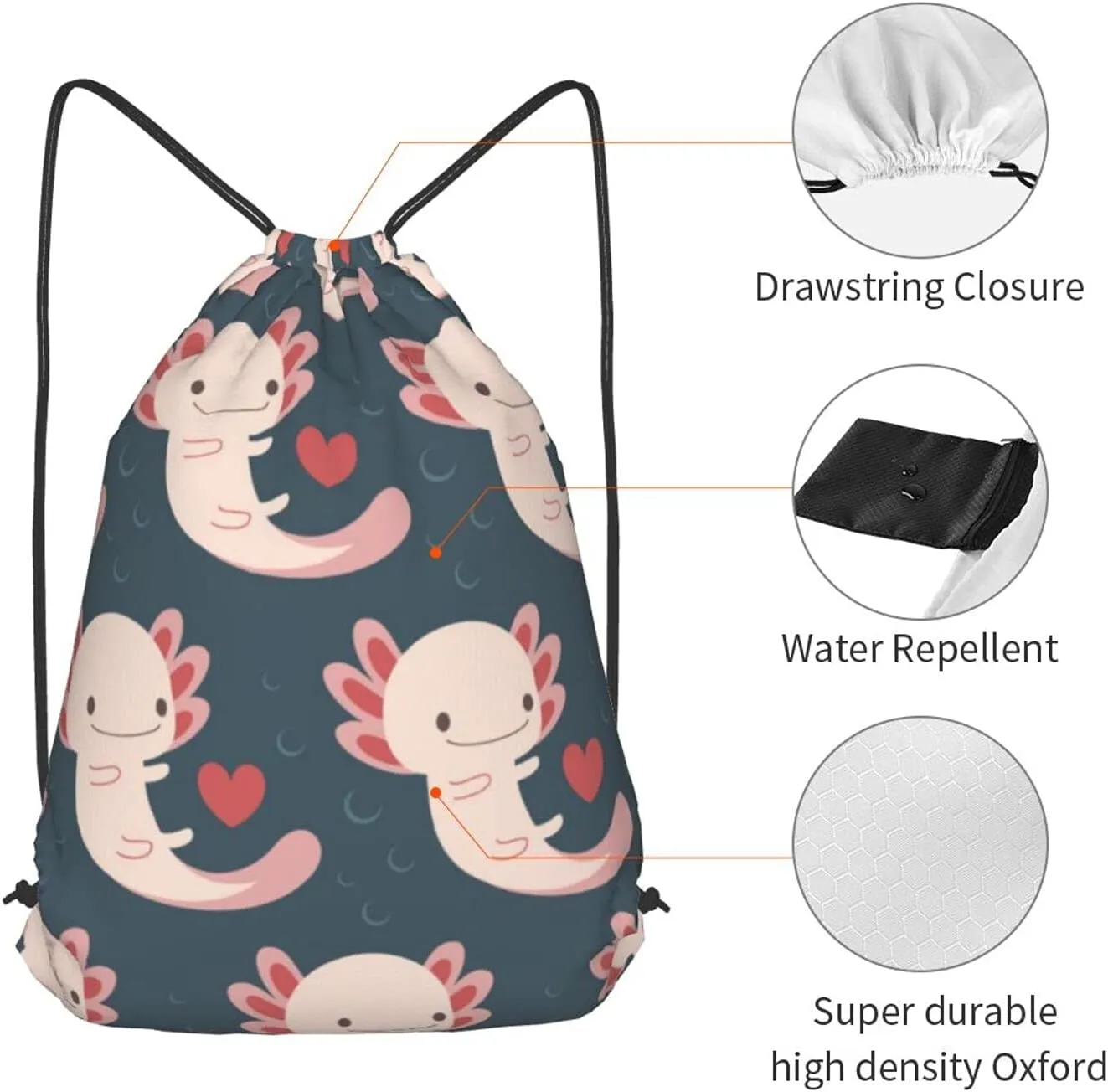 TumzfhQ Drawstring Backpack with Axolotls, Hearts and Bubbles - Adorable and Practical - Suitable for Women and Teenager Girls