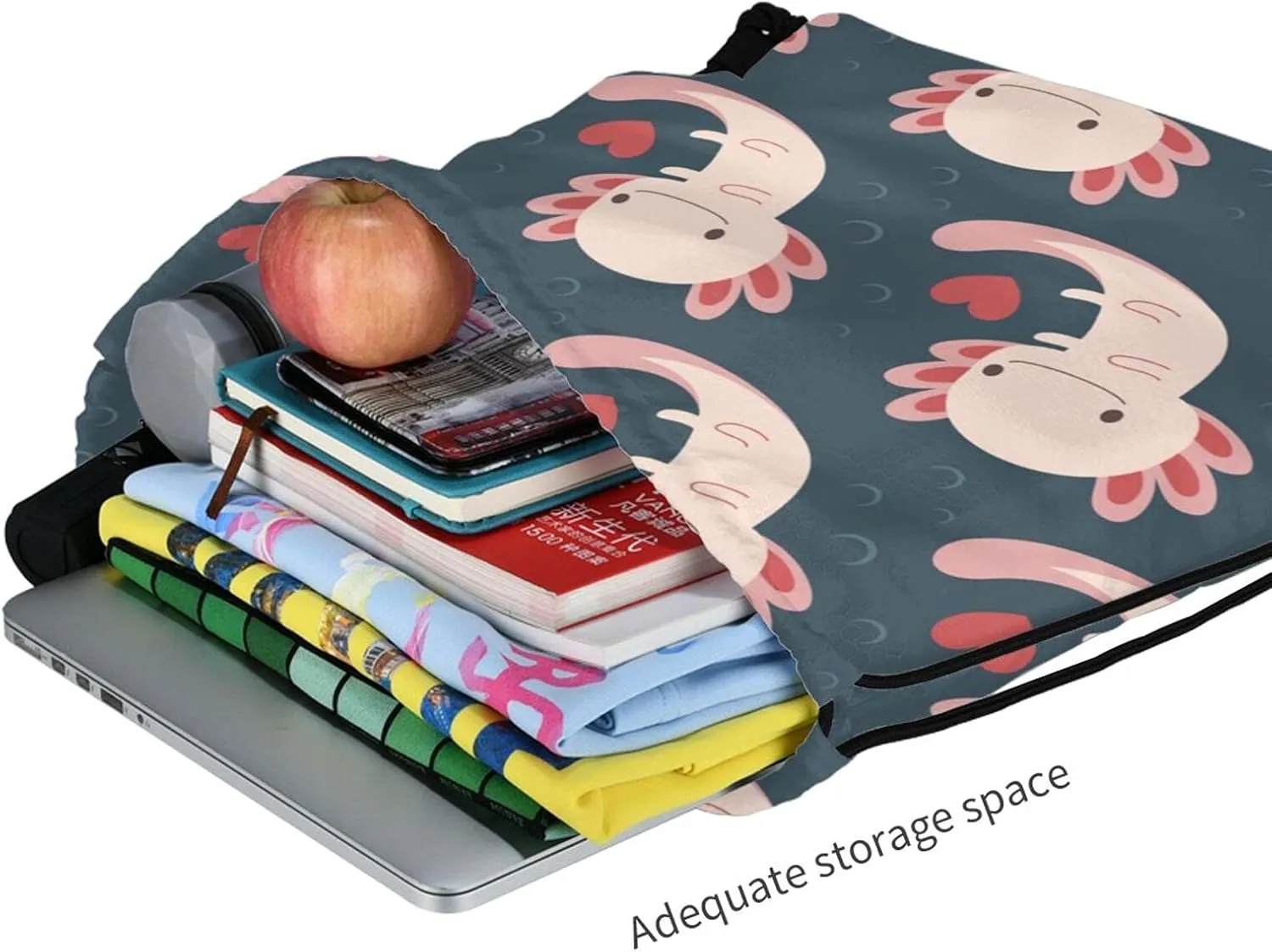 TumzfhQ Drawstring Backpack with Axolotls, Hearts and Bubbles - Adorable and Practical - Suitable for Women and Teenager Girls