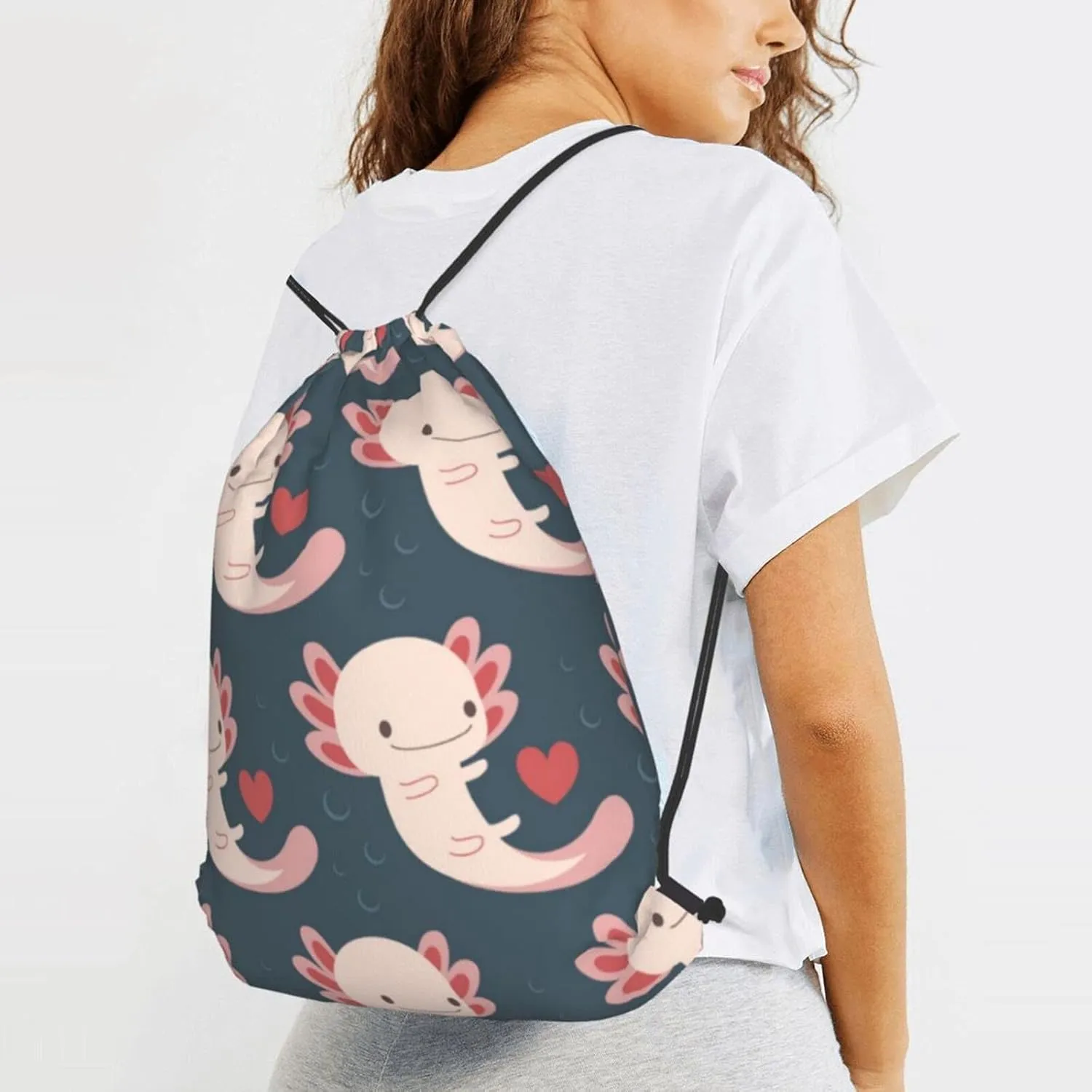 TumzfhQ Drawstring Backpack with Axolotls, Hearts and Bubbles - Adorable and Practical - Suitable for Women and Teenager Girls