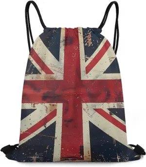 UK Vintage British Flag Travel Drawstring Bag Waterproof String Backpack Gym Sackpack Sport Bag