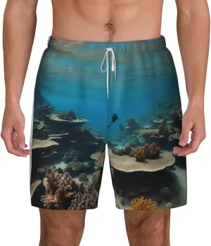 Underwater Ocean View Print Men's Double Layer Swim Shorts, Gym Workout Shorts with Pocket