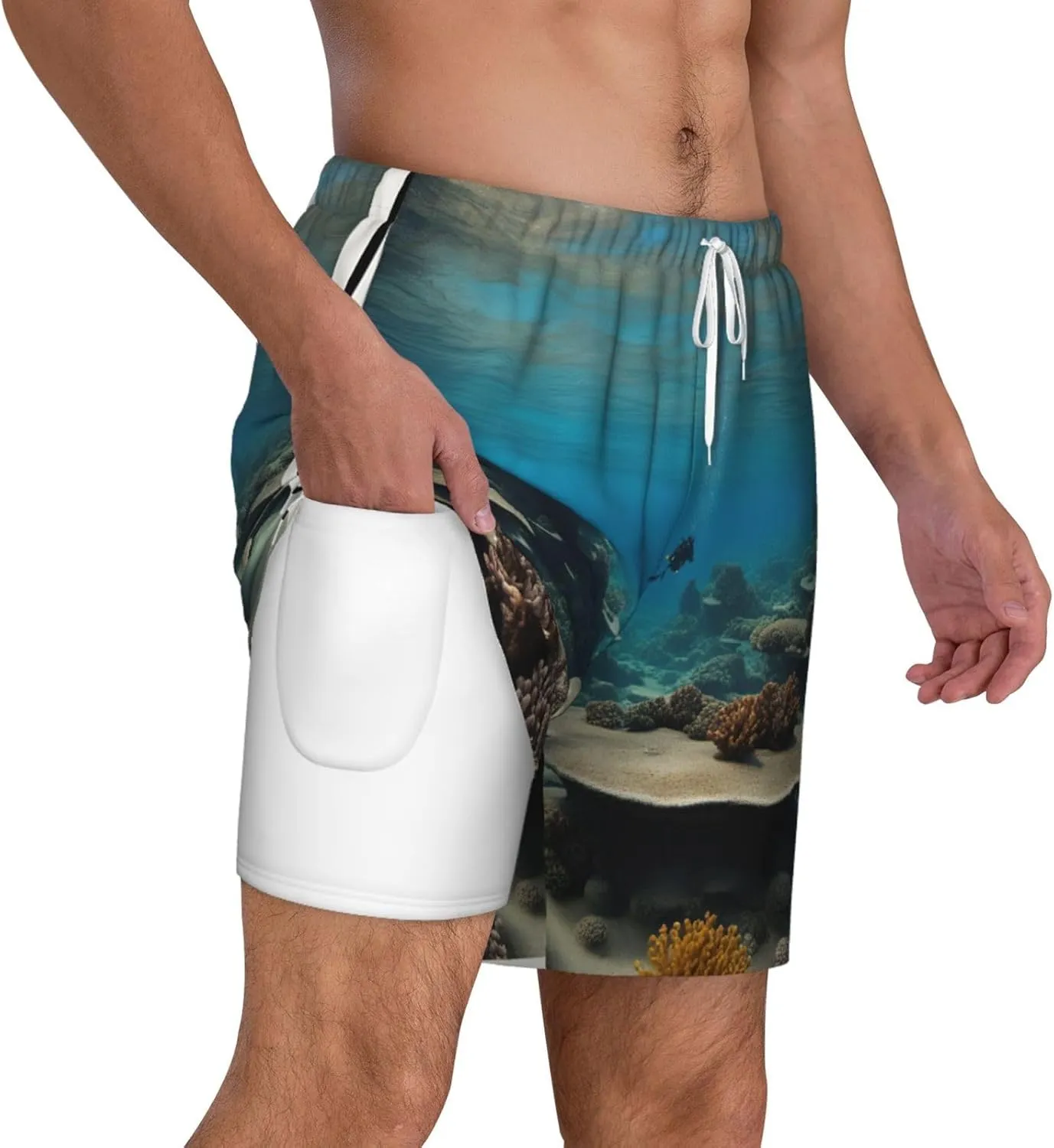 Underwater Ocean View Print Men's Double Layer Swim Shorts, Gym Workout Shorts with Pocket