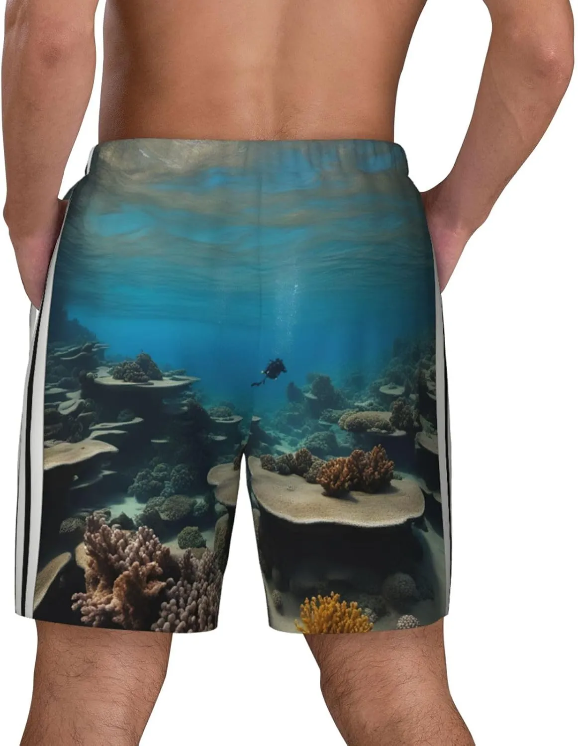 Underwater Ocean View Print Men's Double Layer Swim Shorts, Gym Workout Shorts with Pocket