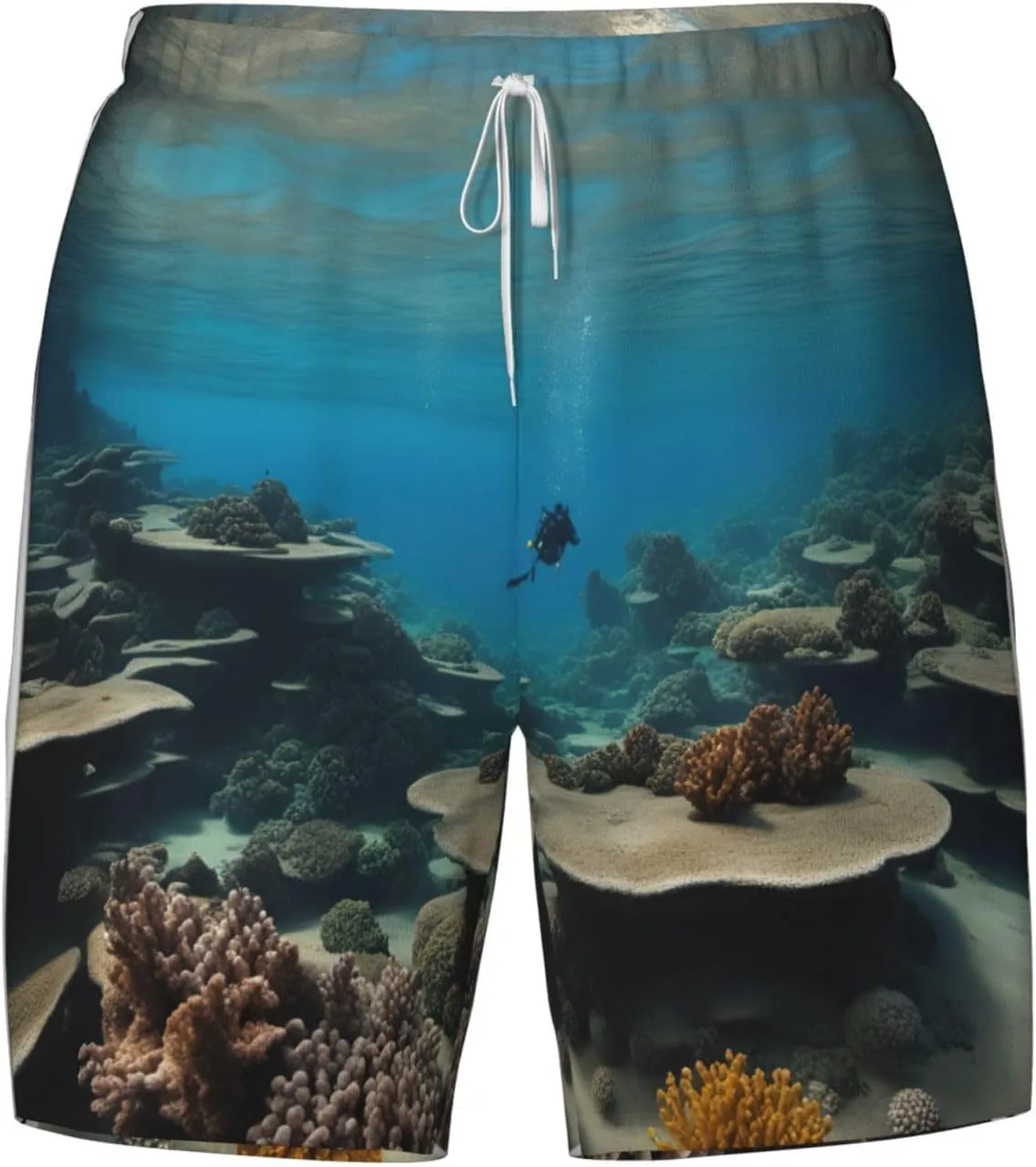 Underwater Ocean View Print Men's Double Layer Swim Shorts, Gym Workout Shorts with Pocket