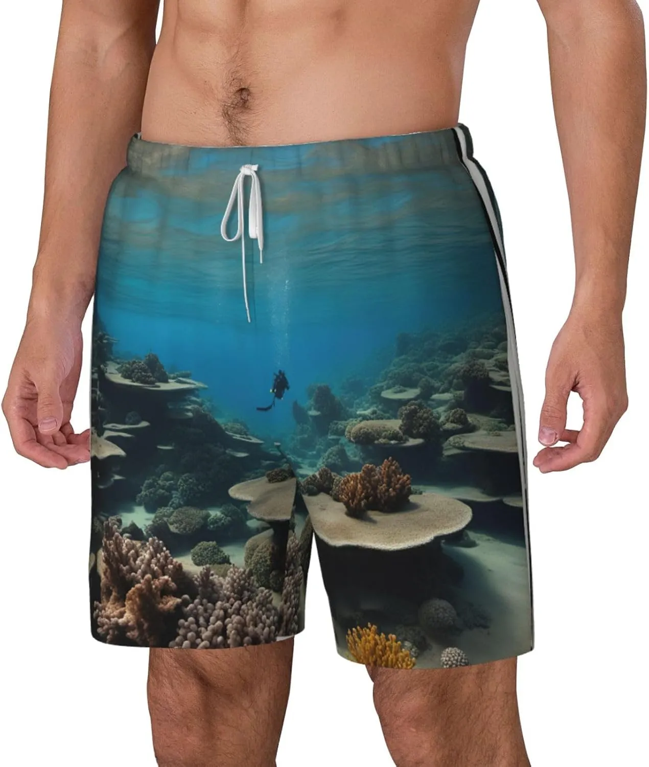 Underwater Ocean View Print Men's Double Layer Swim Shorts, Gym Workout Shorts with Pocket