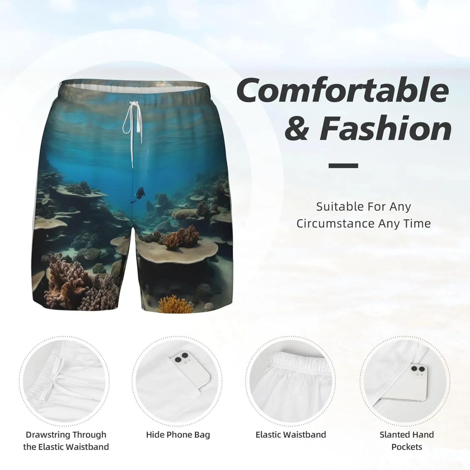 Underwater Ocean View Print Men's Double Layer Swim Shorts, Gym Workout Shorts with Pocket