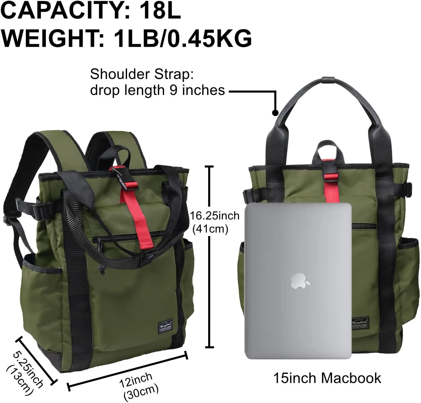 Unisex Laptop Tote Backpack Convertible Lightweight Nylon Water-Resistant Everyday Shoulder Tote bag Backpack with Water Bottle Pocket Work Travel, Army Green