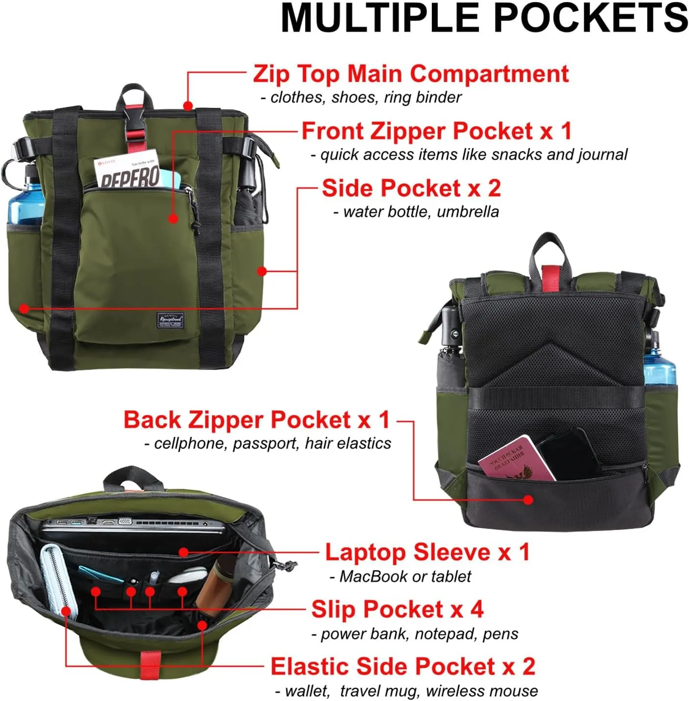 Unisex Laptop Tote Backpack Convertible Lightweight Nylon Water-Resistant Everyday Shoulder Tote bag Backpack with Water Bottle Pocket Work Travel, Army Green