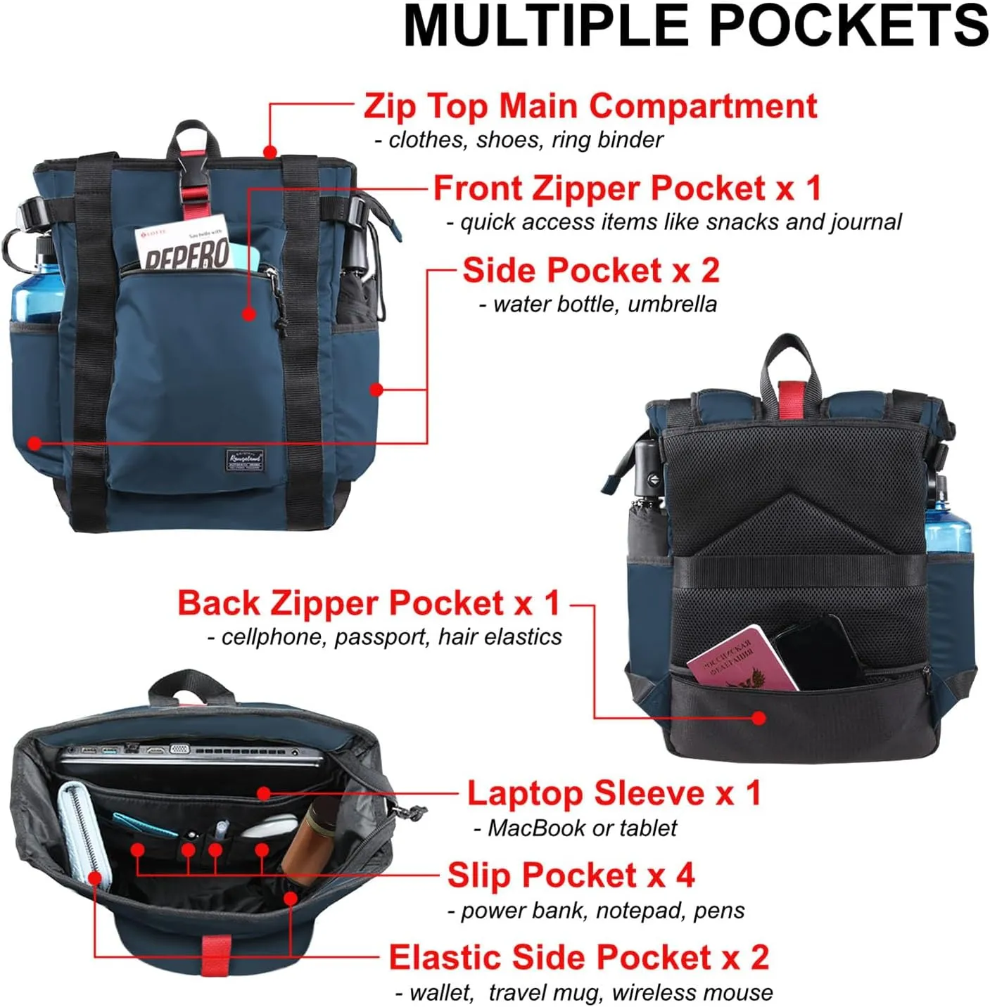 Unisex Laptop Tote Backpack Convertible Lightweight Nylon Water-Resistant Everyday Shoulder Tote bag Backpack with Water Bottle Pocket Work Travel, Blue Navy