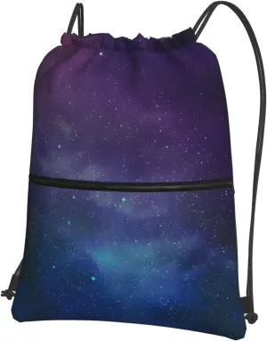 Universe with Stars and Galaxy Interstellar Print Nylon Drawstring Backpack â€“ Adjustable Lightweight Gym Bag for Sports, Travel, Camping & Hiking